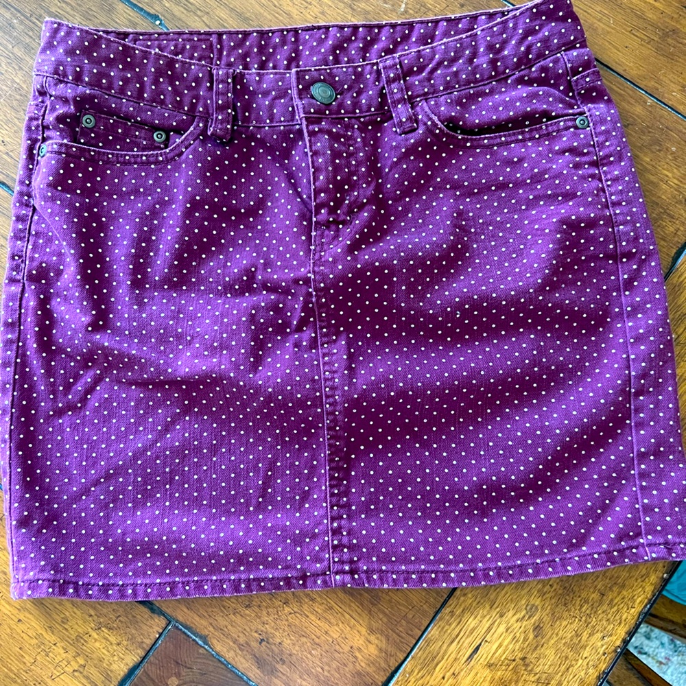 Burgundy with white polka dots jean skirt size 8